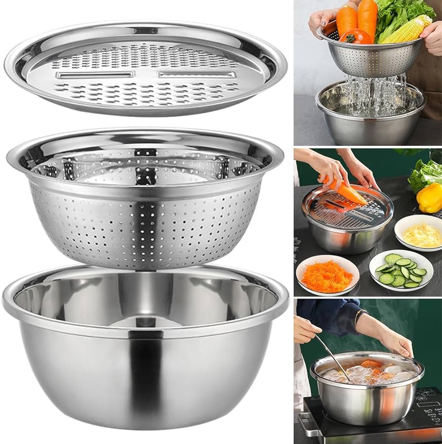 3 In 1 Stainless Steel Drain Basket Vegetable Cutter, For Kitchen