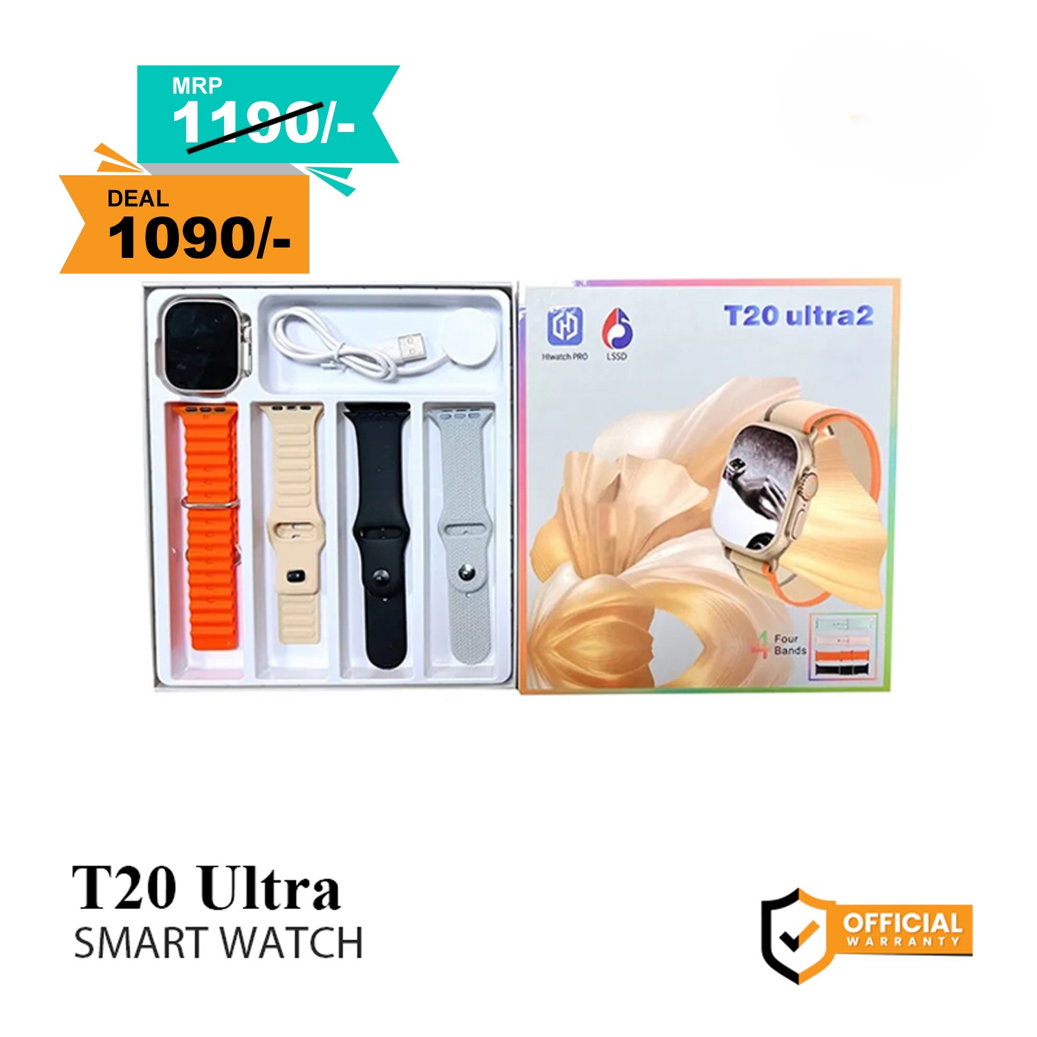 T20 Ultra 2 Smart Watch 4 Straps For Men & Women